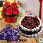 Flower bouquet with cake and chocolate